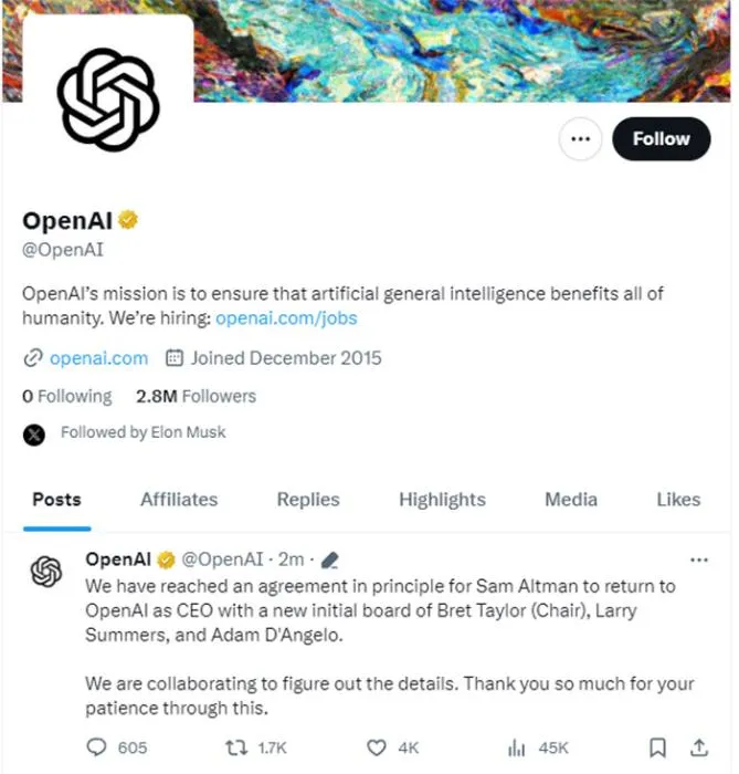 OpenAI称奥特曼将回归担任CEO  “宫斗剧”或暂时落幕？